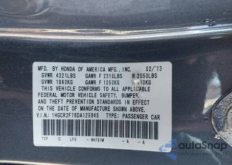 2013 Honda Accord Ex from USA, damaged, VIN 1HGCR2F76DA125945